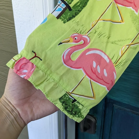 Nick & Nora Backyard Flamingo BBQ Pool 3/4 Sleeve Ruffle Button Up Shirt - Picture 4 of 5